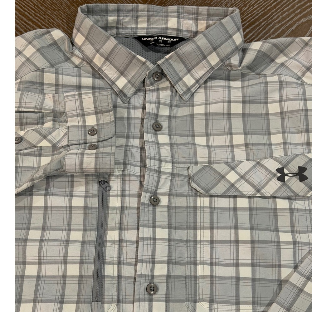 Under Armour Fish Hunter Plaid Long Sleeve Shirt Grey White 1290746 Mens 2XL - Picture 1 of 8
